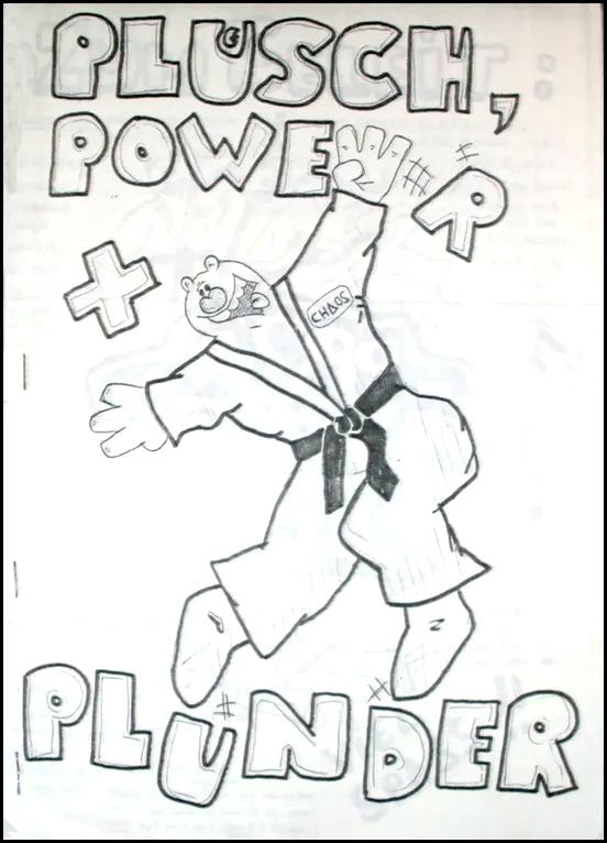 Cover der dritten Auflage der ersten Edition von "Plüsch, Power & Plunder" (PP&P) mit einem Teddybären im Karateanzug